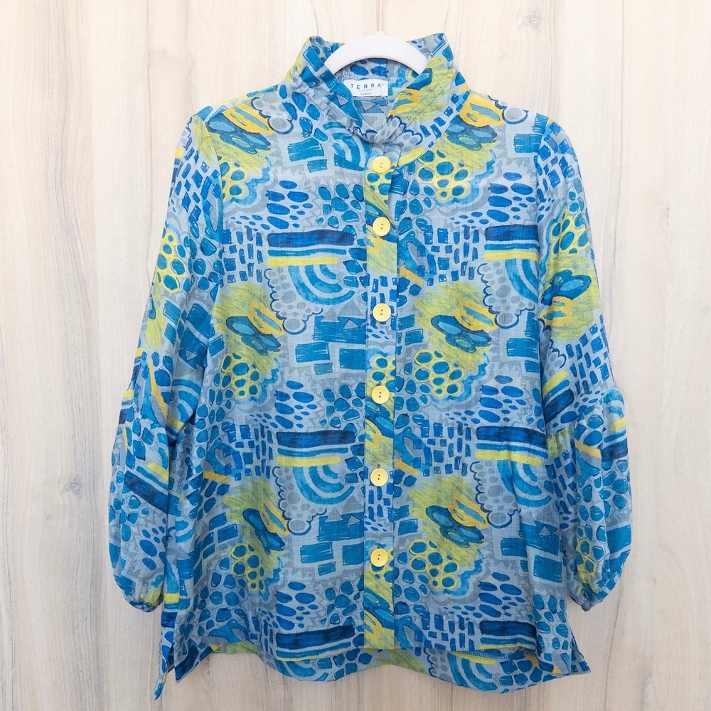 Terra Womens Sheer Long Sleeve Button Down Shirt Size L Blue Abstract Arsty Boho